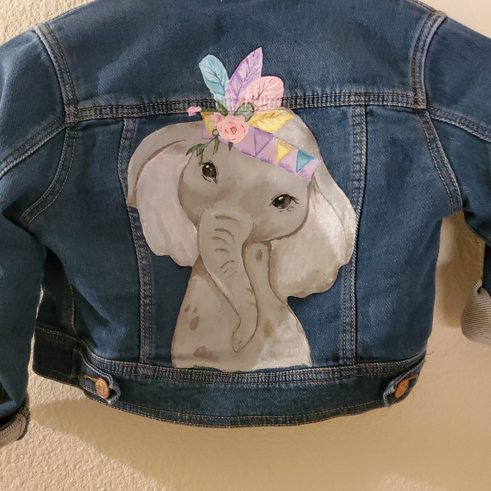 Boho Elephant #2 Hand Painted Denim Jacket